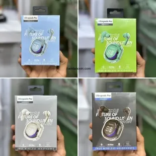 ایرپاد شیشه ای UILTRAPODS PRO نویز کنسلینگ دار ضد اب گیمینگ لمسی نمایشگر شارژ بلوتوث 5/3 ورژن 2026 رنگ ابی