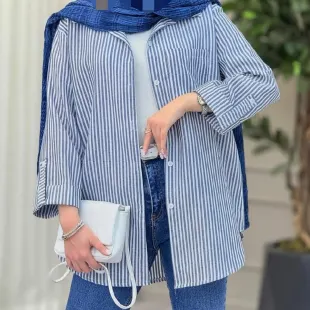 شومیز زنانه راه راه آستین پاکتی فری سایز سایز فری سایز 36 تا 44 راه راه طوسی