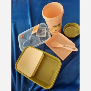 ظرف غذای قمقمه دار به همراه قاشق و جای مخصوص سس(ساخت چین) رنگ قهوه ای