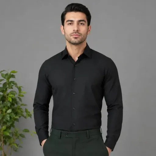 پیراهن مردانه آستین بلند نخی مشکی طرح پلو سایز لارج تا دو ایکس لارج سایز XL