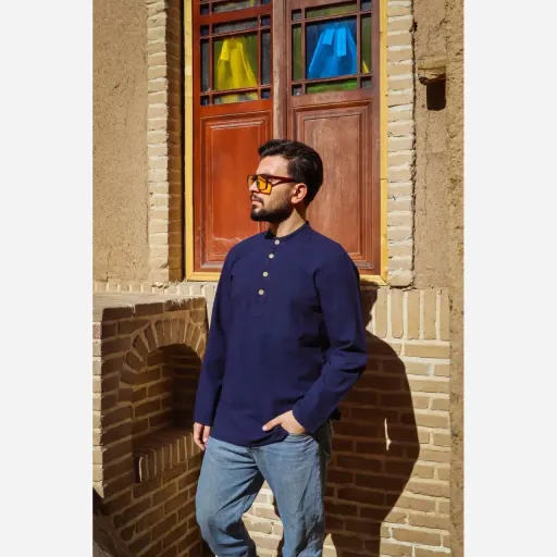 پیراهن مردانه الیاف طبیعی 100 درصد پنبه مدل چهار دکمه رنگ سرمه ای گزینه ها سایز XL