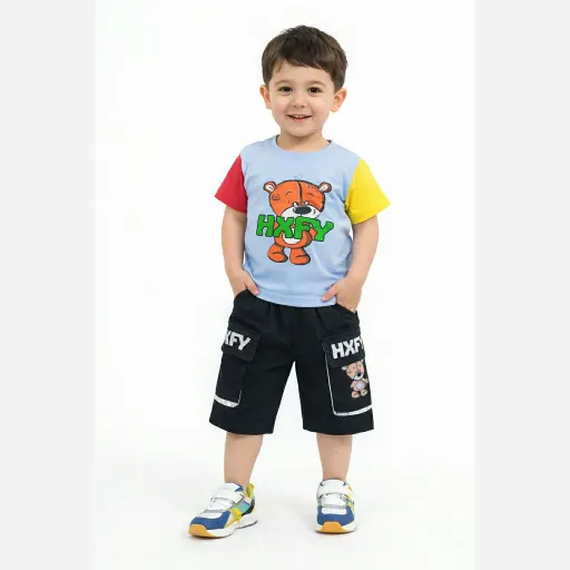 بلوز و شلوارک بچه گانه خرس HXFY بلوز رنگی و شلوارک مشکی سایز 40و45و50 ست لباس بچه گانه بلوز و شلوارک بچه گانه رنگ بلوز سفید سایز 130
