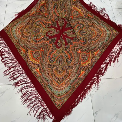 روسری نخی ترکمن قواره بزرگ کد 1653 ترکمن 140-150 سانت وارداتی ریشه دستباف بدون چروک 4 فصل