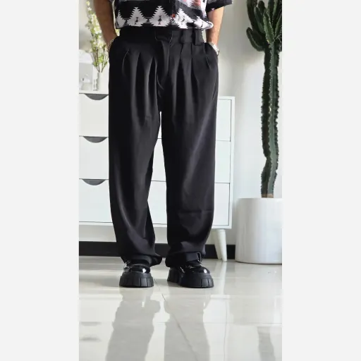 شلوار بگ پارچه ای زنانه مدل پیله دار جنس کاترین رنگ مشکی سایز L تا 3XL سایز Xl