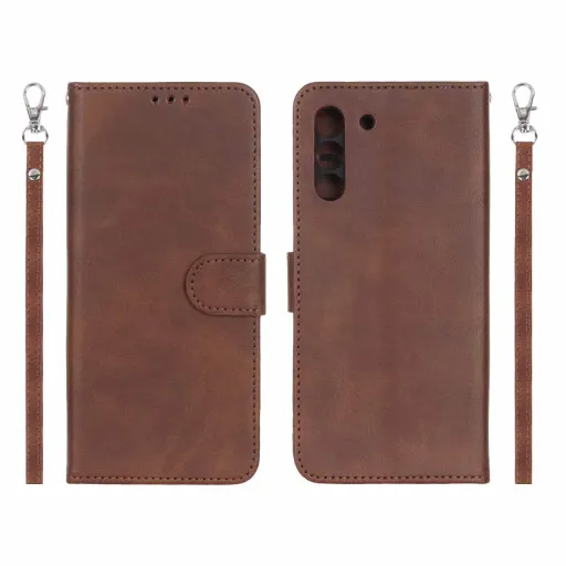 کیف چرمی موبایل جاکارتی مگنتی محافظ لنزدار سامسونگ Samsung Galaxy S21 FE رنگ قهوه ای
