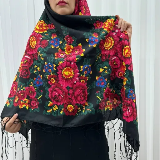 روسری ترکمن گل درشت نخی پلی استر قواره 140*140 ایرانی 4 فصل گزینه ها سفید