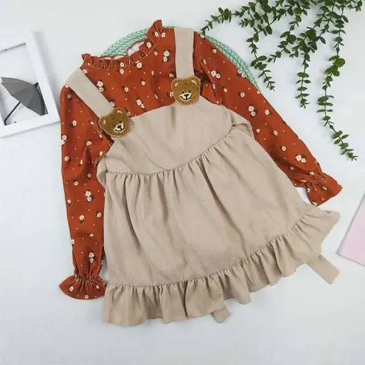 ست بلوز و سارافون دخترانه مخمل کبریتی طرح خرسی گزینه ها سایز 5تا6سال(سایز45) | خردلی