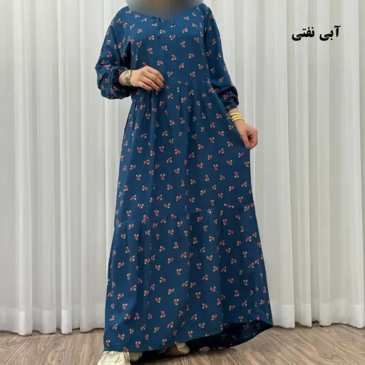 پیراهن ساحلی زنانه گلریز نخی فری سایز تا 48 آیدایی کمربند دار شیک و راحت چهارفصل گزینه ها آبی نفتی