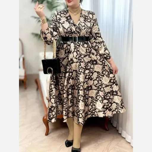 پیراهن مجلسی زنانه ساتن مدل دامن کلوش یقه چپ و راستی قد 135 رنگ‌بندی ورساچ