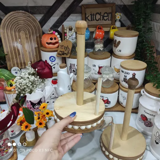 استند چوبی مهره دار جا دستمال کاغذی رولی 