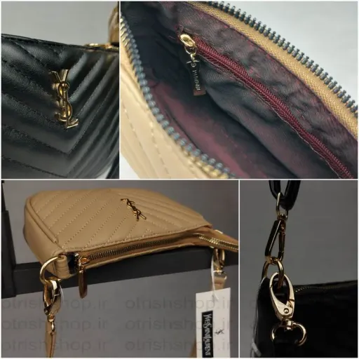 کیف کوچک چرمی زنانه طرح هفتی برند YSL - دوخت موازی خاص با بند چرمی دستی و دوشی رنگ کرم