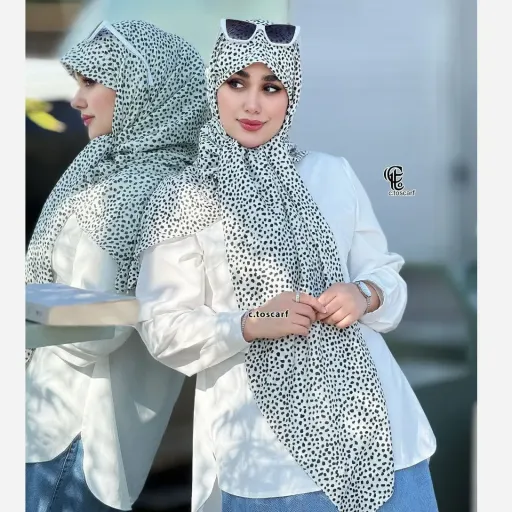 روسری نخی طرح خال خالی دور دوخت قواره 110 - بدون لیز خوردگی رنگ سفید