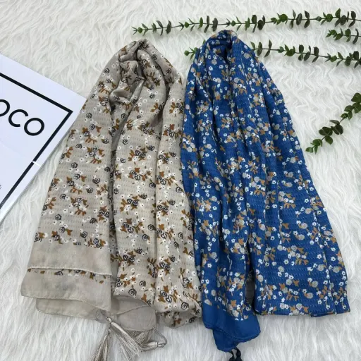 شال نخی گلریز طرحدار کد 862 قواره 180×65 سانت بدون آبرفت و چروک گزینه ها آبی