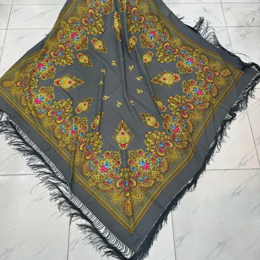 روسری نخی ترکمن زنانه کد 1648 قواره 140-150 سانت وارداتی ترکیه چهار فصل ریشه دستباف