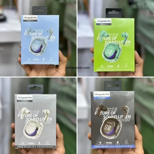 ایرپاد شیشه ای UILTRAPODS PRO نویز کنسلینگ دار ضد اب گیمینگ لمسی نمایشگر شارژ بلوتوث 5/3 ورژن 2026 رنگ ابی
