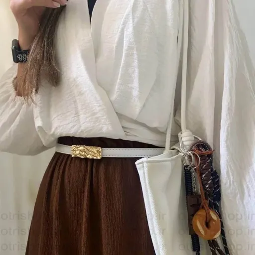 کمربند زنانه وارداتی طرح چروک 1,5 سانتیمتر رنگ سفید