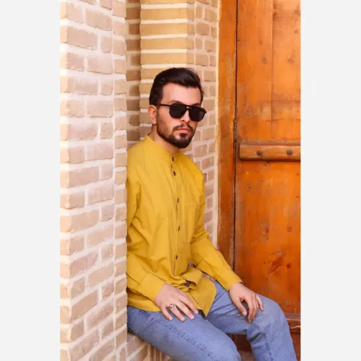 پیراهن مردانه الیاف طبیعی 100 درصد پنبه مدل تمام دکمه مچ دار رنگ خردلی گزینه ها سایز 4XL