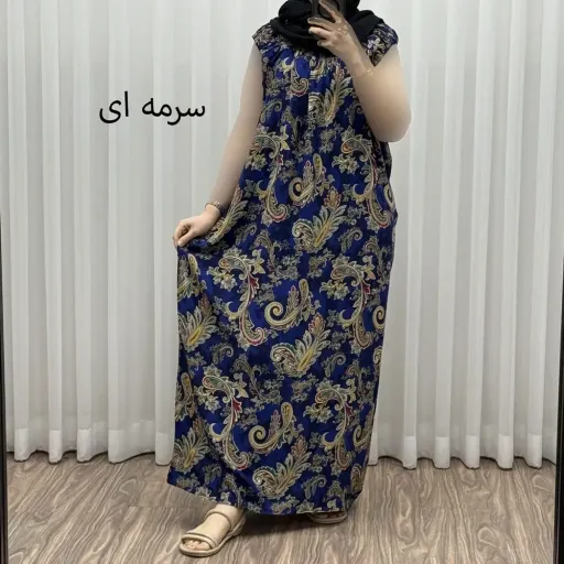 پیراهن نخی شسته شده فری سایز تا 54 آستین حلقه مدل ترمه بدون آبرفت و رنگ رفت کمربنددار چهارفصل گزینه ها سرمهای