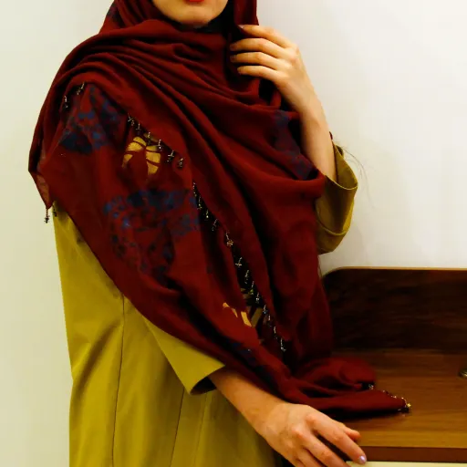 شال نخی زنانه آبی روشن با حاشیه آویز منجوق گل کار دست