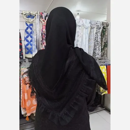 روسری کنفی مشکی مجلسی دور پلیسه با نگین پرس شده قواره 120