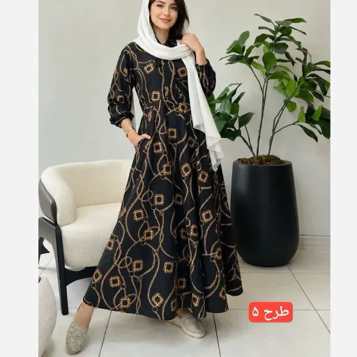 پیراهن زنانه بلند مانتویی مدل صفورا جنس سوپرسافت مناسب بارداری و شیردهی طرح بندی طرح 2