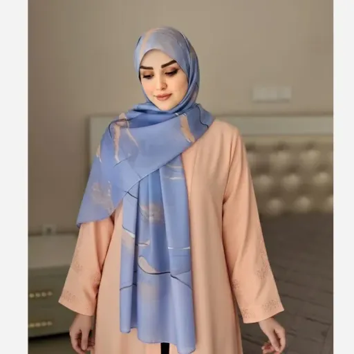 شال دلناز آبی طرح آبرنگی جنس نخ کاستوم چرخ دوز عرض 70 طول 200