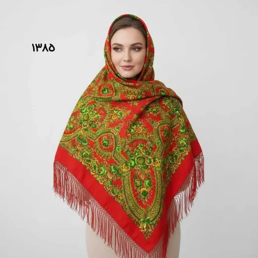 روسری ترکمن اصل کد 1385 ترکیه جنس نخی قواره 140-150 سانت ریشه دستباف 4 فصل