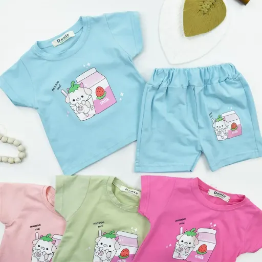 ست تیشرت و شلوارک نوزادی دخترانه طرح میلک جنس پنبه سوپر گزینه ها سایز 6تا12ماه(سایز30) | آبی