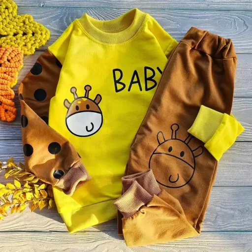 بلوز شلوار بچگانه پنبه دورس طرح BABY زرافه - کد 87