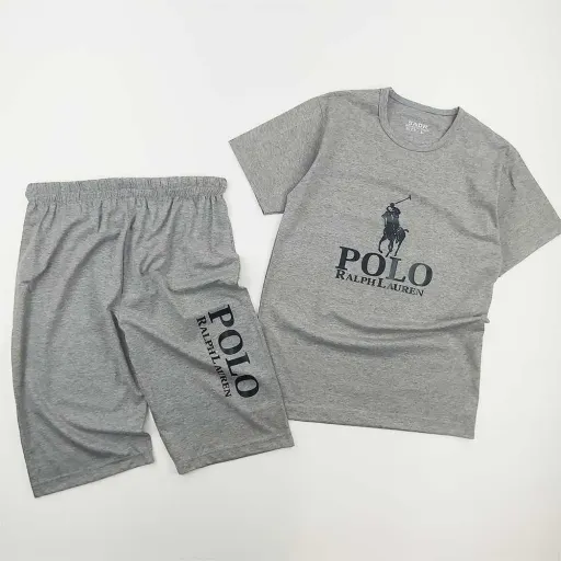 ست تیشرت و شلوارک مردانه مدل POLO جنس ملانج گزینه ها سایز XXXL | طوسی