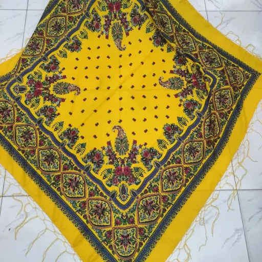 روسری ترکمن مدل ترمه ایرانی قواره 130x130 نخ پلی استر مناسب 4 فصل گزینه ها سرمه‌ای