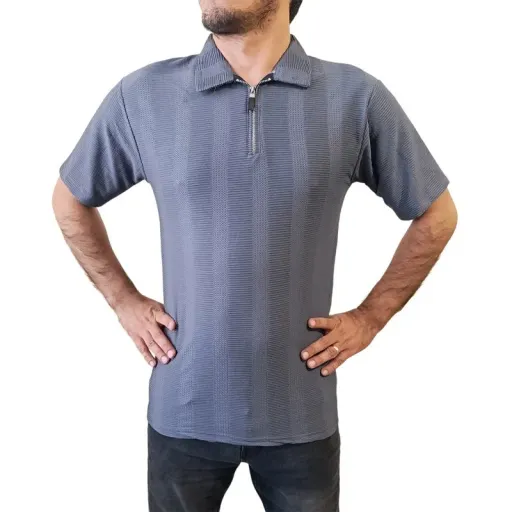 تیشرت مردانه نیم زیپ یقه دار بیسکوئیتی رنگ طوس - در 2 سایز سایز 2XL