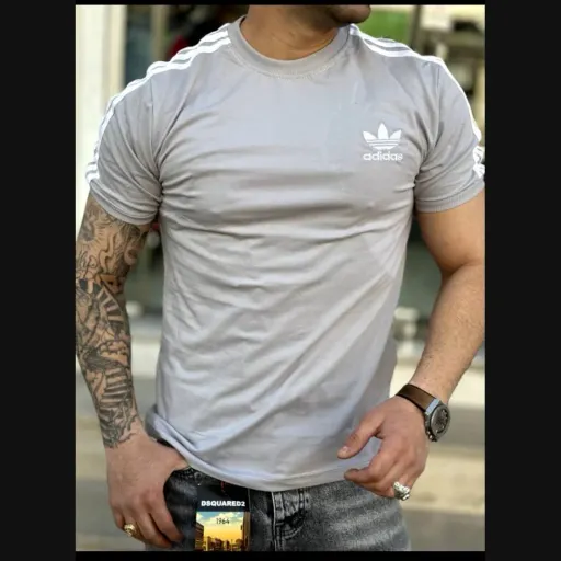 تیشرت  مردانه سه خط آدیداس نخ پنبه رنگبندی مشکی توسی و آبی سایز مدیوم تا 2XL تیشرت پسرانه  رنگ مشکی M
