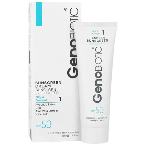 کرم ضد آفتاب SPF50 ژنوبایوتیک پوست خشک و معمولی | تحت لیسانس سوئیس | رنگ بژ روشن | سایز 50 میلی لیتر | سن مصرف بزرگسال | شرکت سازنده پارس آزمای طب | کد بهداشتی 56/18591 | کشور سازنده ایران | مناسب برای پوست نرمال تا خشک | نوع محصول کرم | نوع محفظه تیوپ پلاستیکی | تعداد در بسته 1