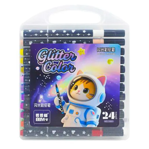 ماژیک چند منظوره براشینگ مدل glitter color اکلیلی طرح گربه فضانورد بسته 24 عددی رنگ چند رنگ