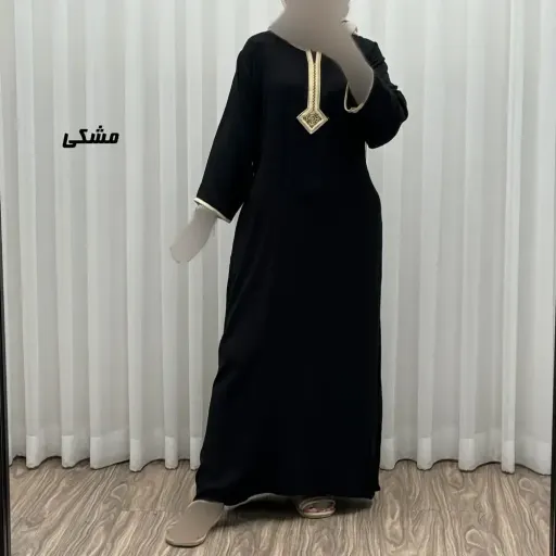 پیراهن کفتان نخی زنانه گلدوزی شده فری سایز مناسب تا سایز 50 با کمربند گزینه ها مشکی