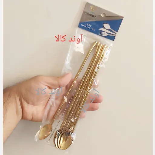 قاشق نی دار طلایی6 تایی شربت استیل وارداتی طرح پیچی رنگ ثابت همراه فرچه شستشو 