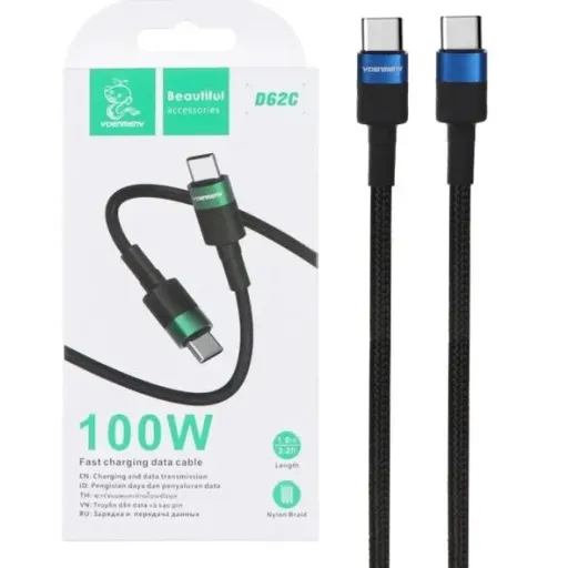 کابل شارژ (تبدیل) تایپ سی به تایپ سی Denmen D62C پرقدرت 100W 1متری