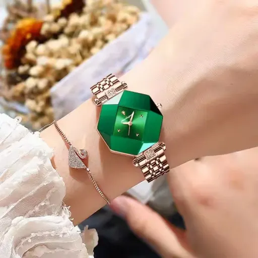 ساعت مچی زنونه پوداگار poedagar 005 شیشه تراش سبز - استیل