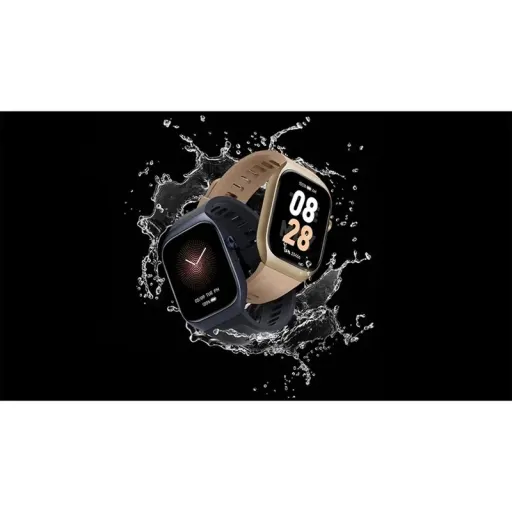 ساعت هوشمند میبرو مدل mibro t2 با قابلیت مکالمه gps صفحه amoled بند چرمی رنگ طلایی