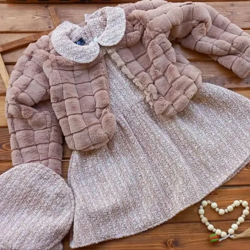 ست ۳ تکه دخترانه مجلسی (پیراهن، کت خز، کلاه)