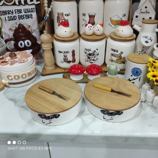 ظرف سرو خرما سرامیکی درب چوبی طرح گرد زیبا