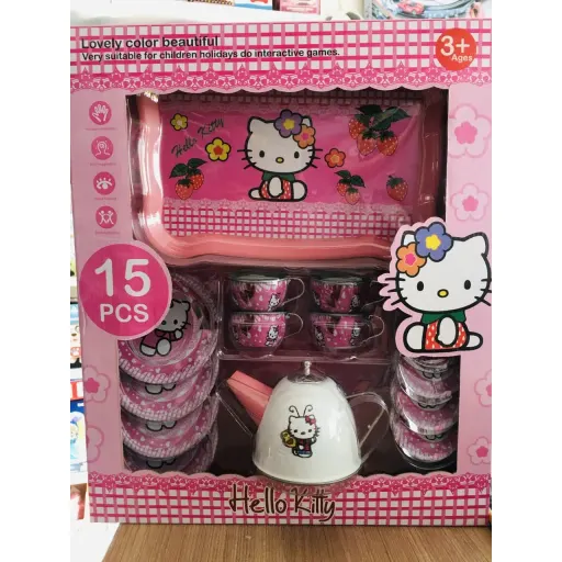 ست چایخوری فلزی هلوکیتی LOL مدل 555 سرویس پذیرایی کودکانه 15 تکه طرح هلو کیتی