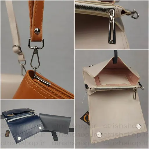 کیف دستی و دوشی برند ام آر MR | کیف کتابی جمعوجور زنانه با یراق نقرهای مناسب مهمانی و روزمره رنگ کرم