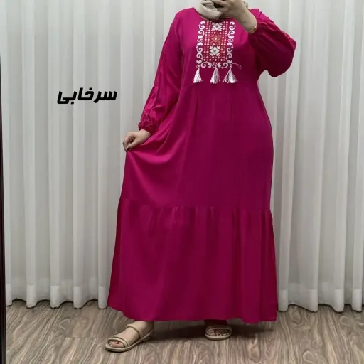 پیراهن نخی زنانه و دخترانه بلند منگولهدار فری سایز تا 50 گزینه ها سبز