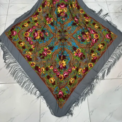 روسری نخی ترکمن ترک قواره بزرگ ریشه دستباف کد 1651