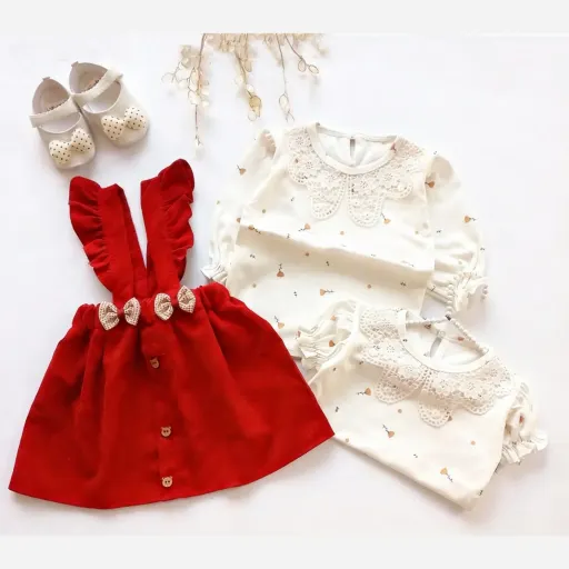 بلوز و سارافون مخمل کبریتی دخترانه عیدانه مناسب 1 تا 3 سال سایز بلوز آستین بلند4