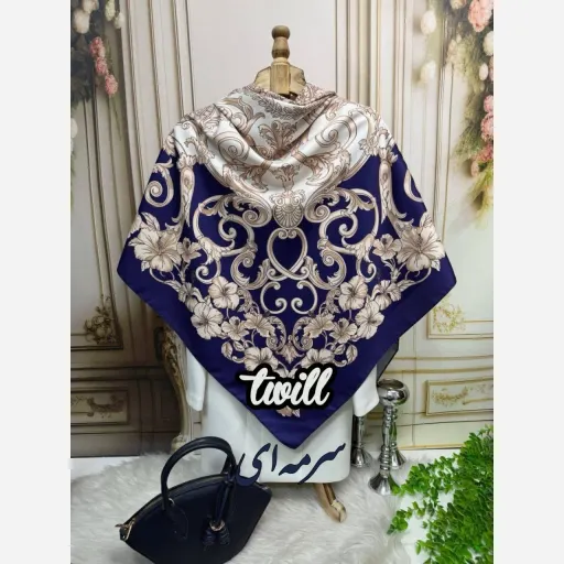 روسری ابریشم توییل تاج رنگ سورمه ای
