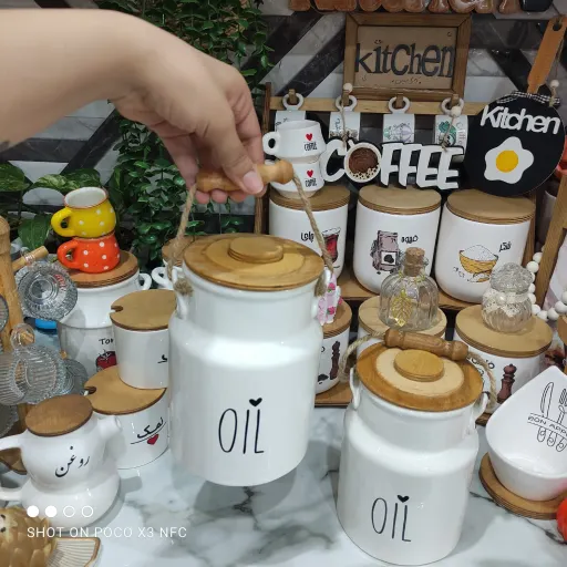بانکه سرامیکی روغن درب چوبی همراه با دسته کنفی و چوب