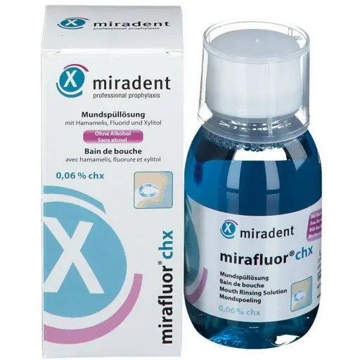 دهانشویه کلر هگزیدین میرادنت   mirafluor  chx (اورجینال آلمان) 100 میل 250ppm
